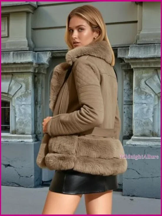 Faux Leather Moto Jacket with Removable Fur Collar Sherpa Lined Slim Fit - Picture 3 of 7